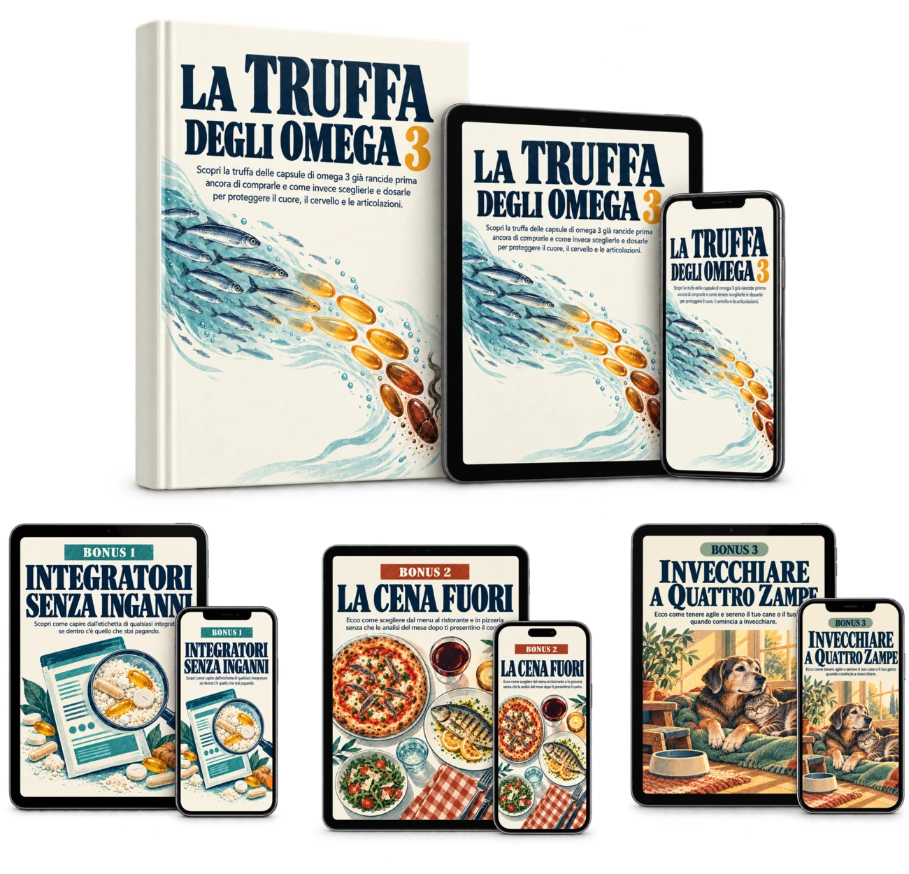 La Truffa degli Omega 3 con i tre regali, su carta, tablet e telefono