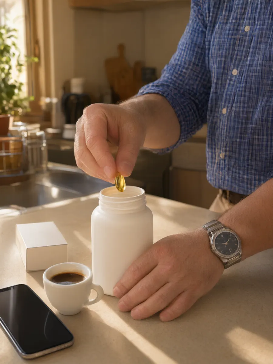 Le mani prendono una capsula di omega 3 accanto al caffè
