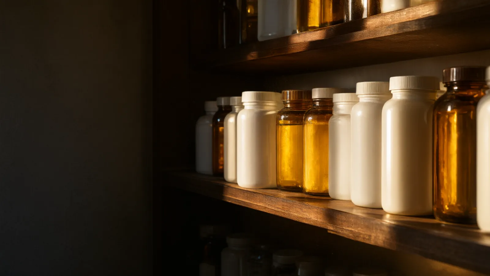 Barattoli di omega 3 al sole sullo scaffale della farmacia