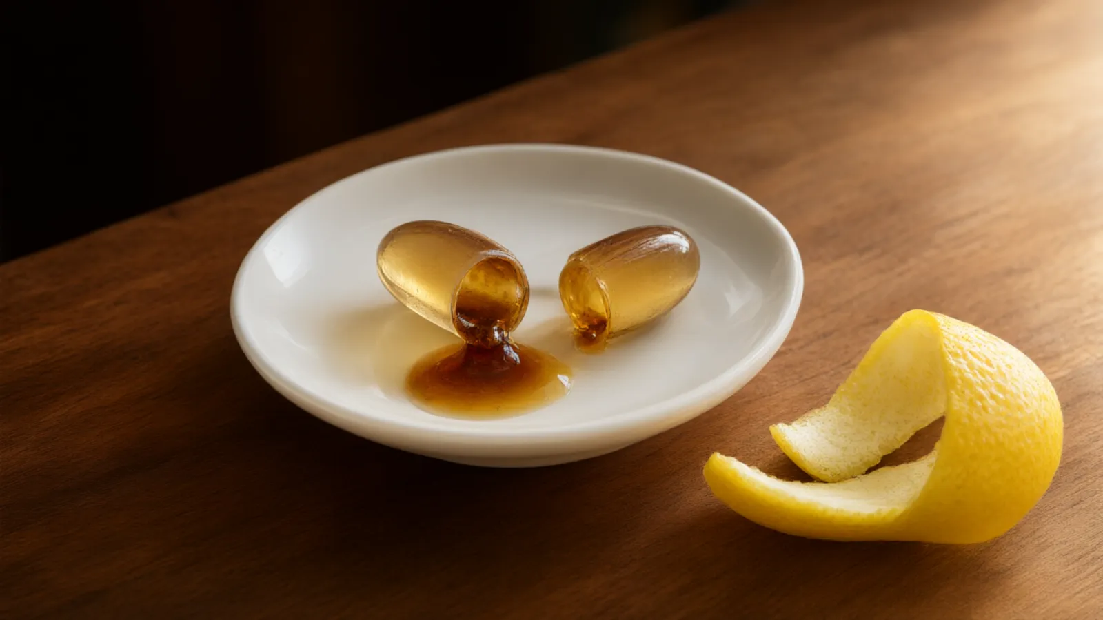 Capsula tagliata con olio torbido e scorza di limone