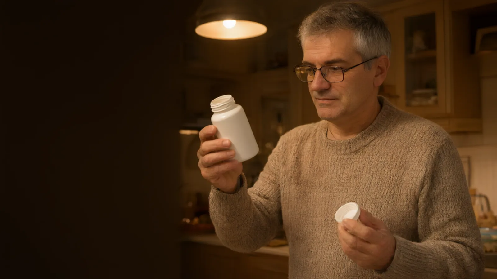 Roberto controlla il barattolo in cucina, di sera